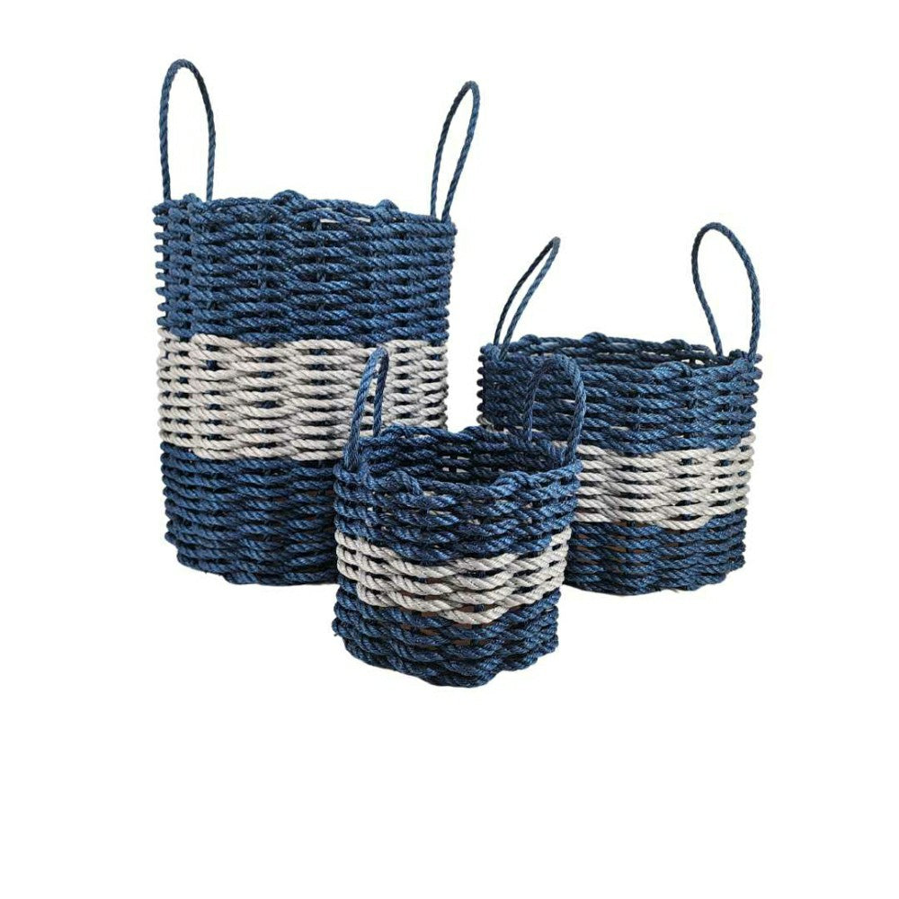 Authentic Maine Lobster Rope Storage Basket Navy Blue and Light Gray