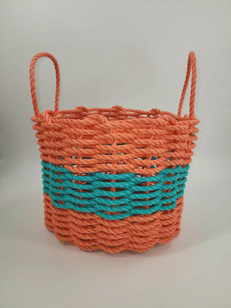 Authentic Maine Lobster Rope Storage Basket. Coral Orange and Teal