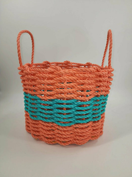 Authentic Maine Lobster Rope Storage Basket. Coral Orange and Teal