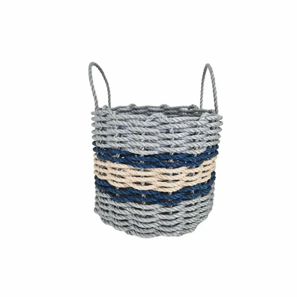 Lobster Rope Basket Light Gray and Light Tan, Navy Accents