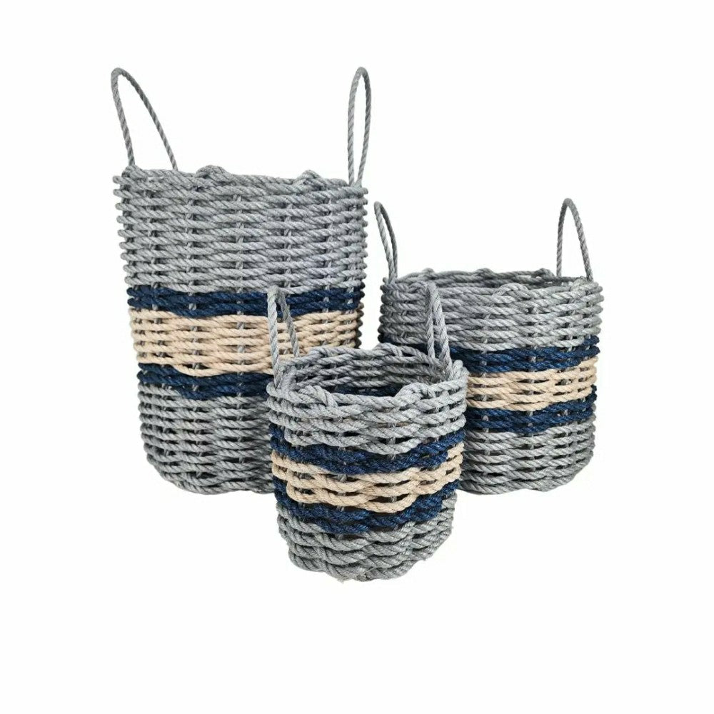 Lobster Rope Basket Light Gray and Light Tan, Navy Accents