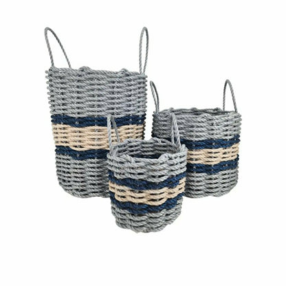 Lobster Rope Basket Light Gray and Light Tan, Navy Accents
