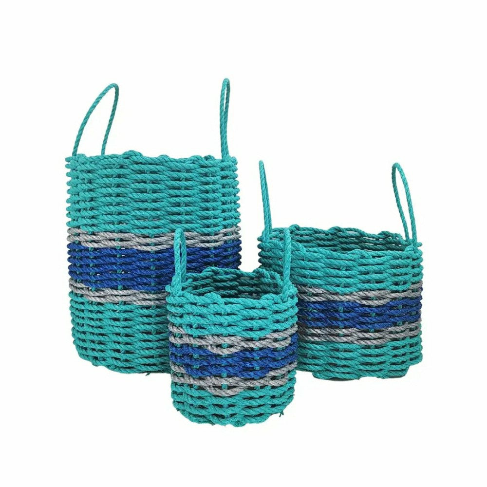 Authentic Maine Lobster Rope Storage Basket Teal and Blue with Light G