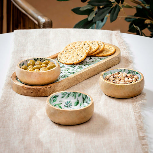 Olive Oasis 3-Section Wood Server with Bowls, 13"L