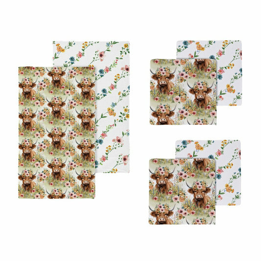 Petal & Plow Kitchen Gift Set Quick Dry Waffle Weave Double-Sided, Farm Highland Cow, Set of 3