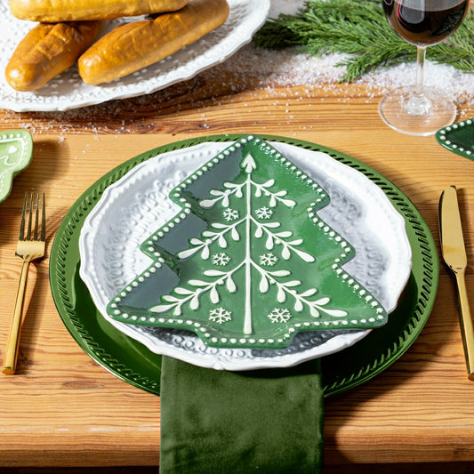 Shades of Green Tree Shaped 9.5" Embossed Ceramic Salad Plate, Set of