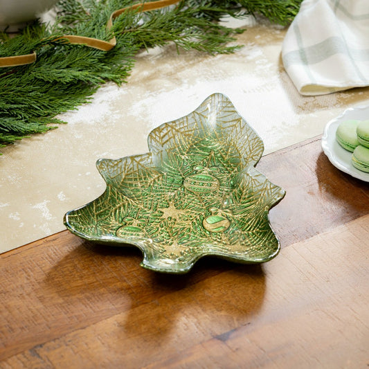 Shades of Emerald Plate Glass Tree Serving Dish, 8.5"L x 12"W