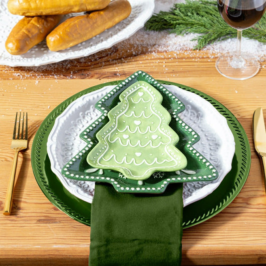 Shades of Green Tree Shaped 8.25" Embossed Ceramic Appetizer Plate, Se
