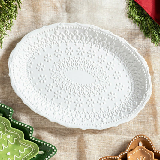 Shades of Emerald Platter Embossed Ceramic Serving Platter, 14"L x 9"W