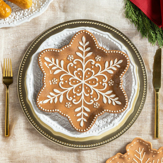 Baking Spirits Bright Gingerbread Snowflake Shaped 9" Embossed Ceramic