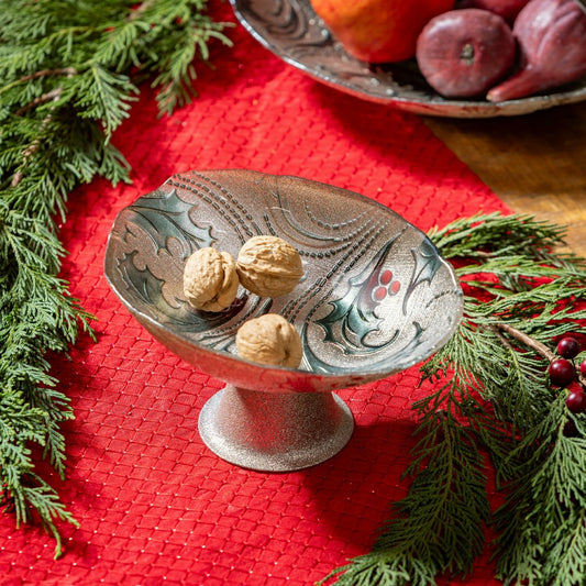 Joyful Traditions Bowl Glass Holly and Berries Footed Bowl, 8.25"L