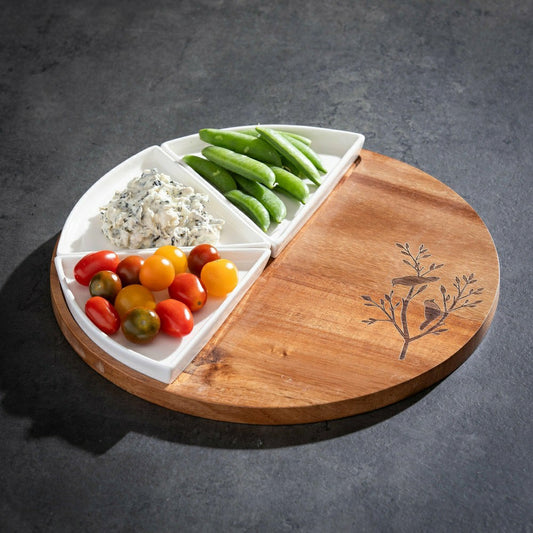 VivaStyle Serveware, Wood & Ceramic 3-Dish Server, 12", Set