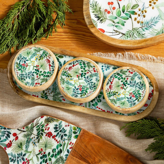 VivaStyle Playful Poinsettia , 3-Section Wood Server with Bowls, Festi