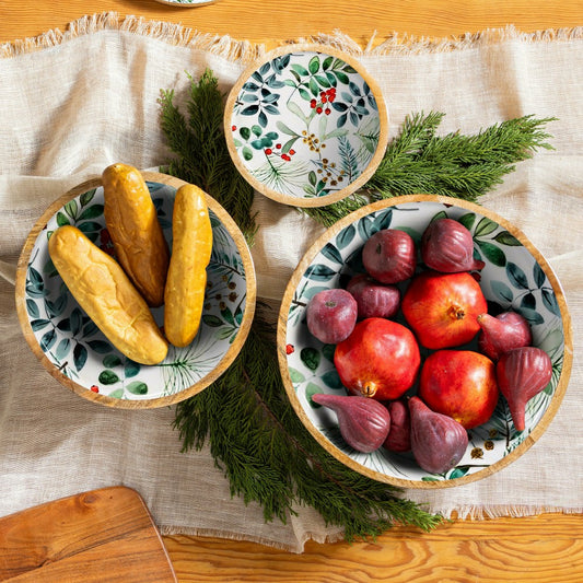 VivaStyle Playful Poinsettia Bowl, Wood Bowl Set, Festive Foliage, Set
