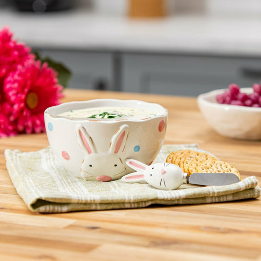 Hop Into Spring Serveware Ceramic Bunny Bowl and Spreader, Set of 2