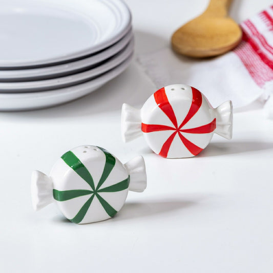 Sugar & Stripes Bright Salt & Pepper Shakers Ceramic Peppermint Candy,