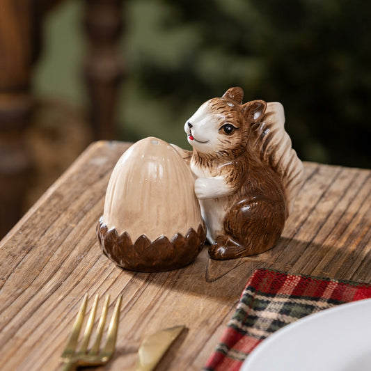 Woodland Storybook Salt & Pepper Shakers Ceramic Squirrel with Acorn,