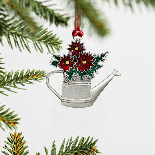 Poinsettia Watering Can Solid Pewter Ornament, 2.5"L