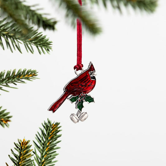 Cardinal with Holiday Bells Solid Pewter Christmas Ornament