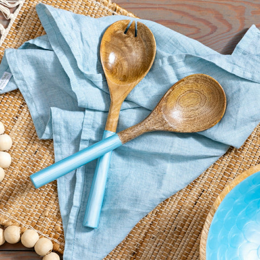 Blue Coastal Serving Utensil Wood with Scalloped Enamel Salad Servers, Set of 2