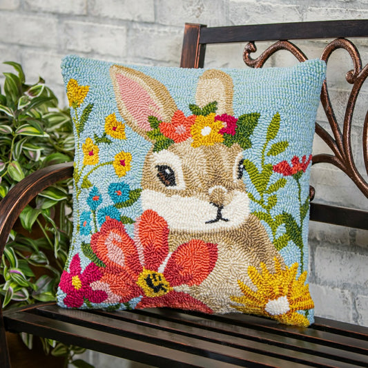 Bunny Blooms Floral Indoor/Outdoor Hooked Pillow 18"x18"