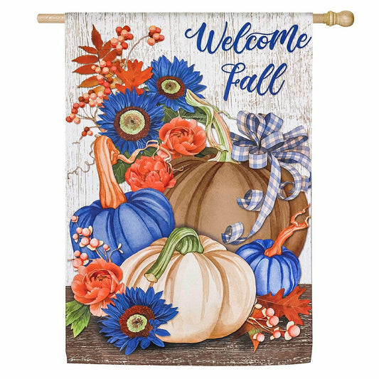 Welcome Fall Pumpkin and Floral Suede House Flag