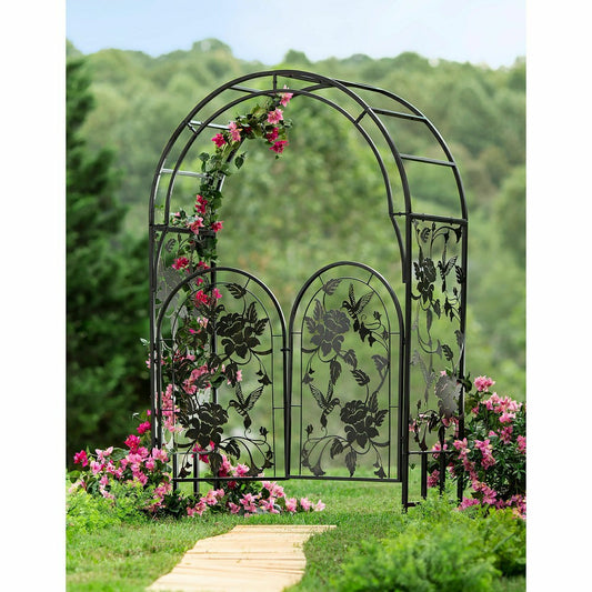 Metal Arched Hummingbird Garden Arbor with Gate