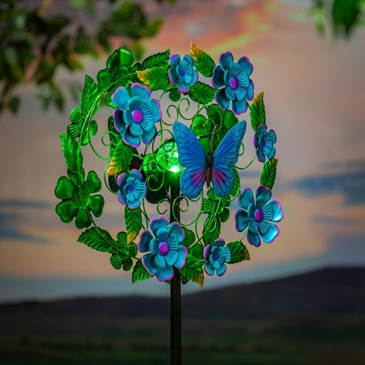 Solar Metal Wind Spinner, Blueflower & Butterfly, 74"H