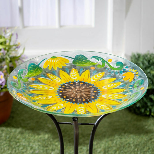 Petal & Plow Birdbath, Glass Folk Art Sunflower, 18"