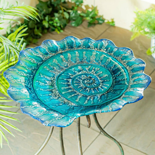 Blue Coastal Birdbath, Shell Glass Birdbath, 18"