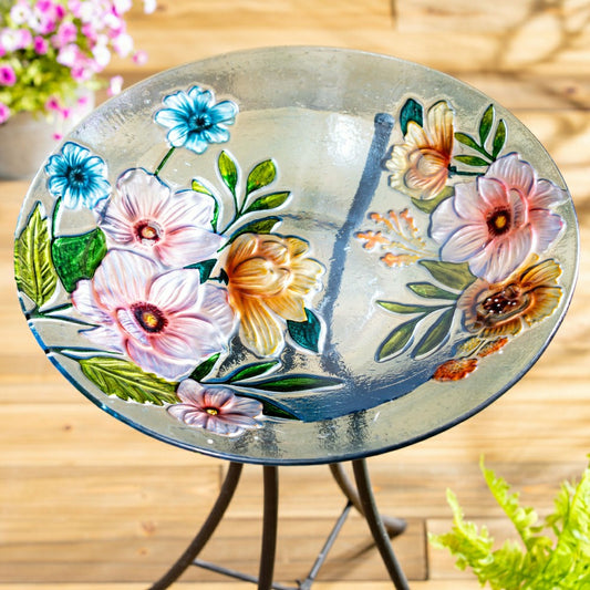 Petal and Plow Birdbath, Farmhouse Flowers Glass Birdbath, 18"