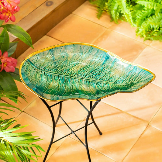 Garden of Wonder Birdbath, Fern Leaf Shaped Glass Birdbath, 18"