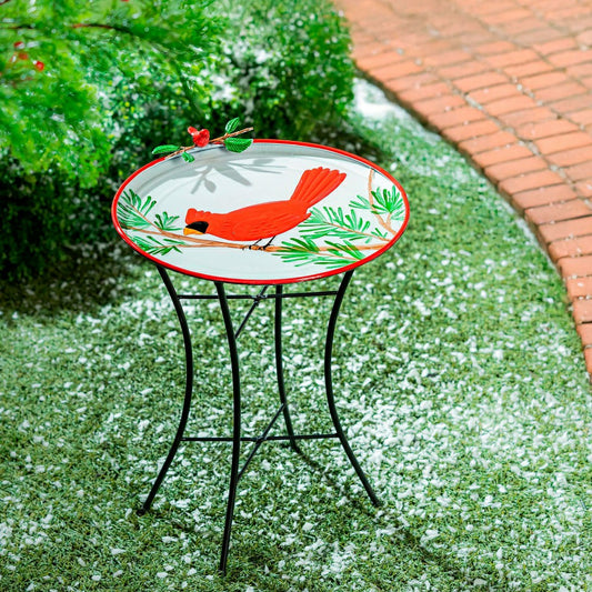 Holiday Poinsettia Birdbath, Metal Birdbath with Stand, Cardinal, 16.5