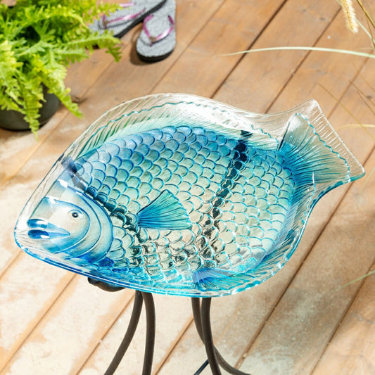 Blue Coastal Birdbath, Blue Fish Glass Birdbath, 18"