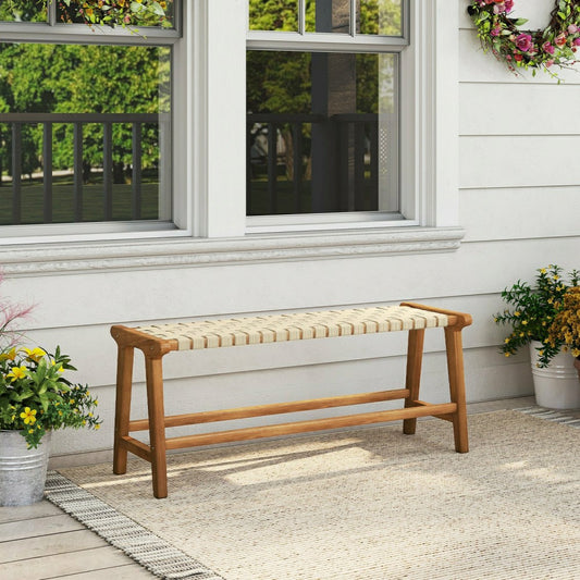 Teak Wood Patio Bench with Woven Seat