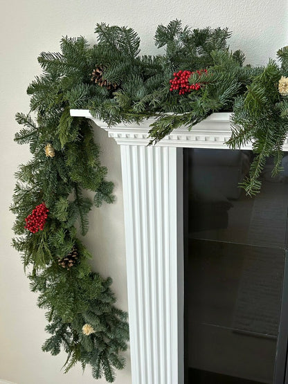 Noble Fir and Red Berries Fresh Garland, 12'