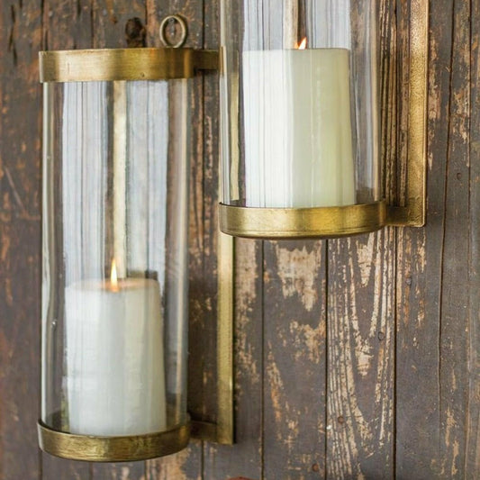 Glass and Brass Finished Wall Mounted Hurricane, Large