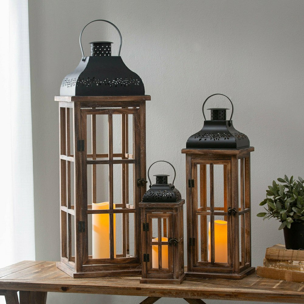 Set of 3 Nested Wood and Metal Lanterns w LED Candle