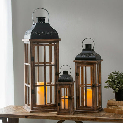 Set of 3 Nested Wood and Metal Lanterns w LED Candle