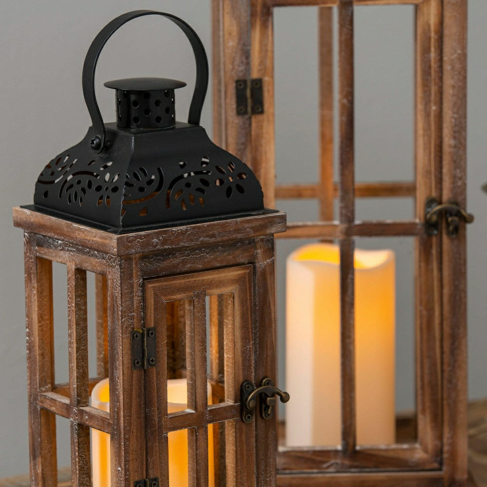 Set of 3 Nested Wood and Metal Lanterns w LED Candle