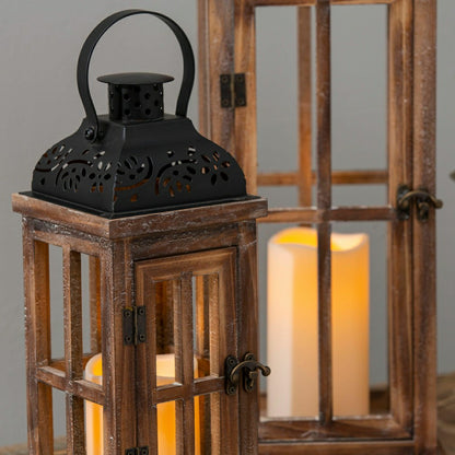 Set of 3 Nested Wood and Metal Lanterns w LED Candle