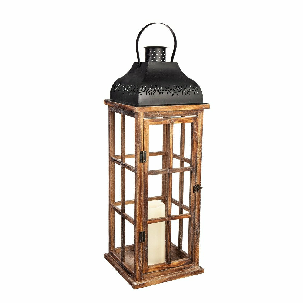 Set of 3 Nested Wood and Metal Lanterns w LED Candle