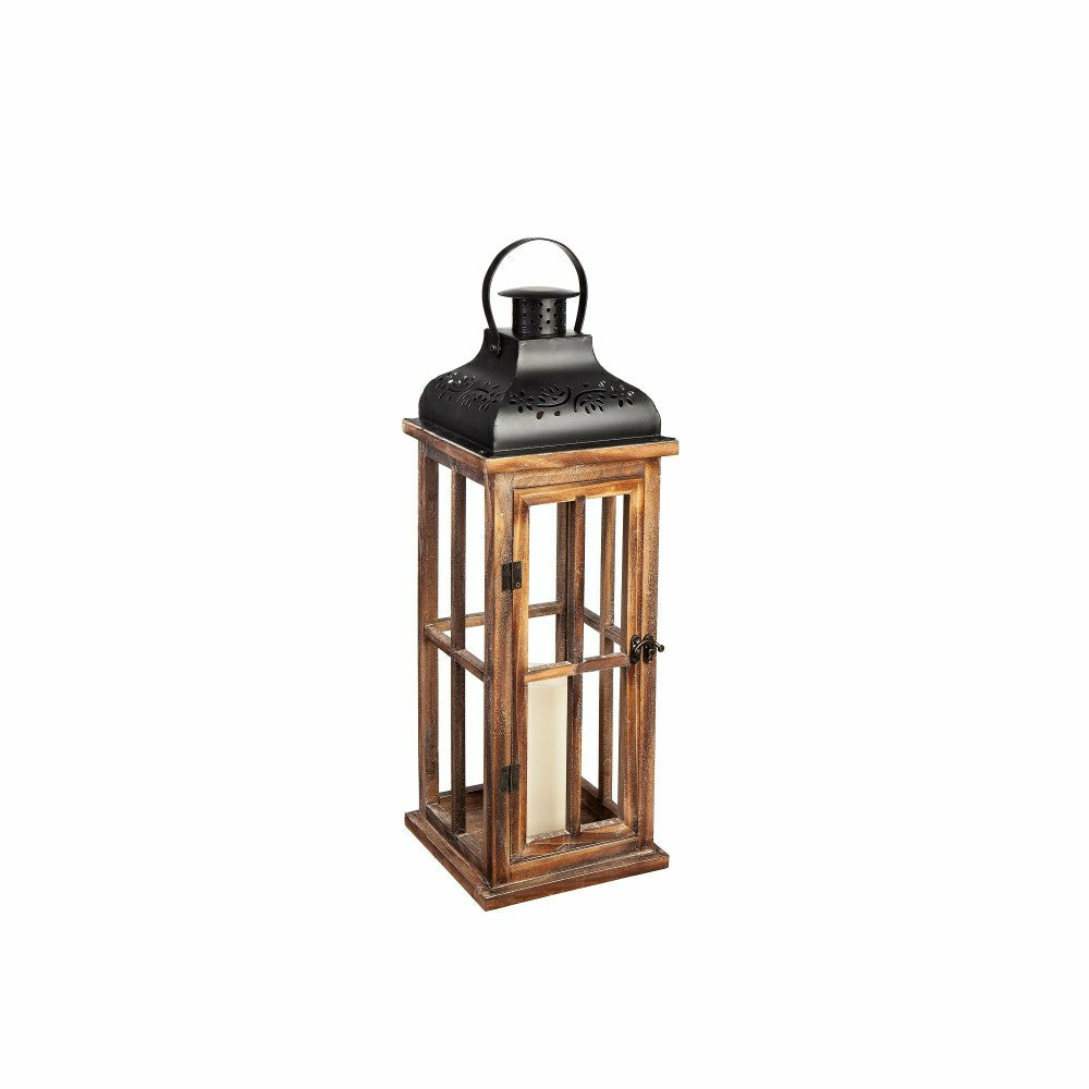Set of 3 Nested Wood and Metal Lanterns w LED Candle