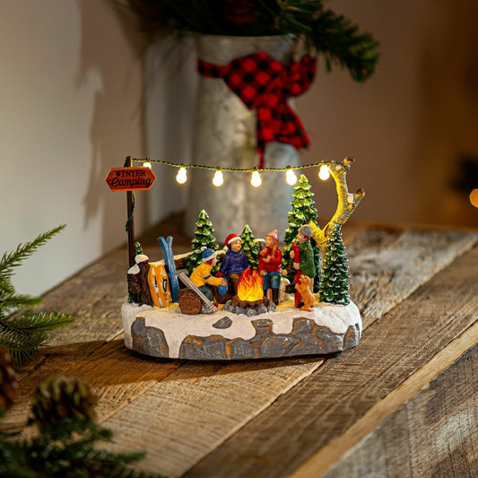 Christmas Vacation LED Table Decor Resin Flickering Campfire Scene, 6"