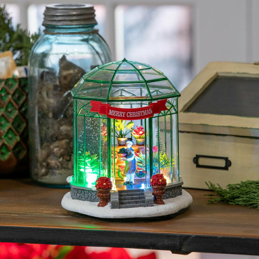 Holly Homestead LED Table Decor Resin Greenhouse with Music, 7.5"