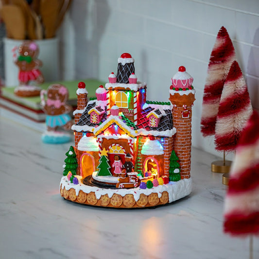 Sugar & Stripes Bright LED Table Decor Resin Gingerbread House and Tra