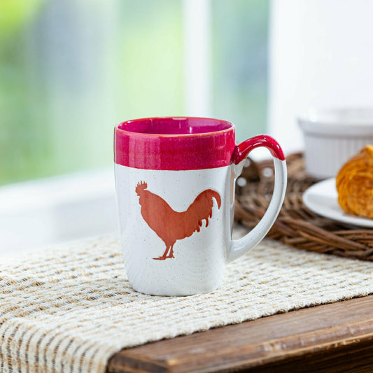 Hillside Pasture Coffee Cup Ceramic Artisanal, Farm Rooster Red, 14oz,