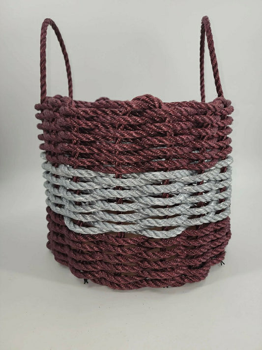 Authentic Maine Lobster Rope Storage Basket Burgundy and Light Gray