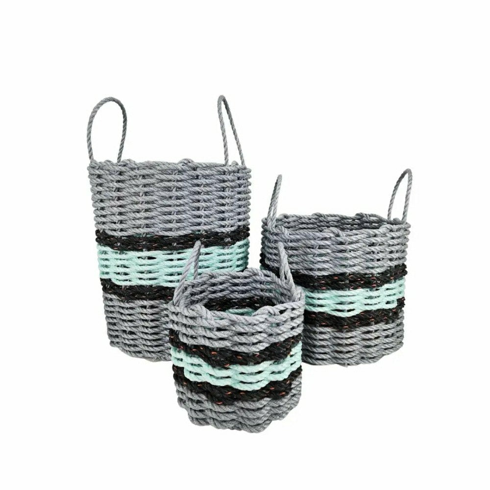Lobster Rope Basket Light Gray and Seafoam, Black Accents