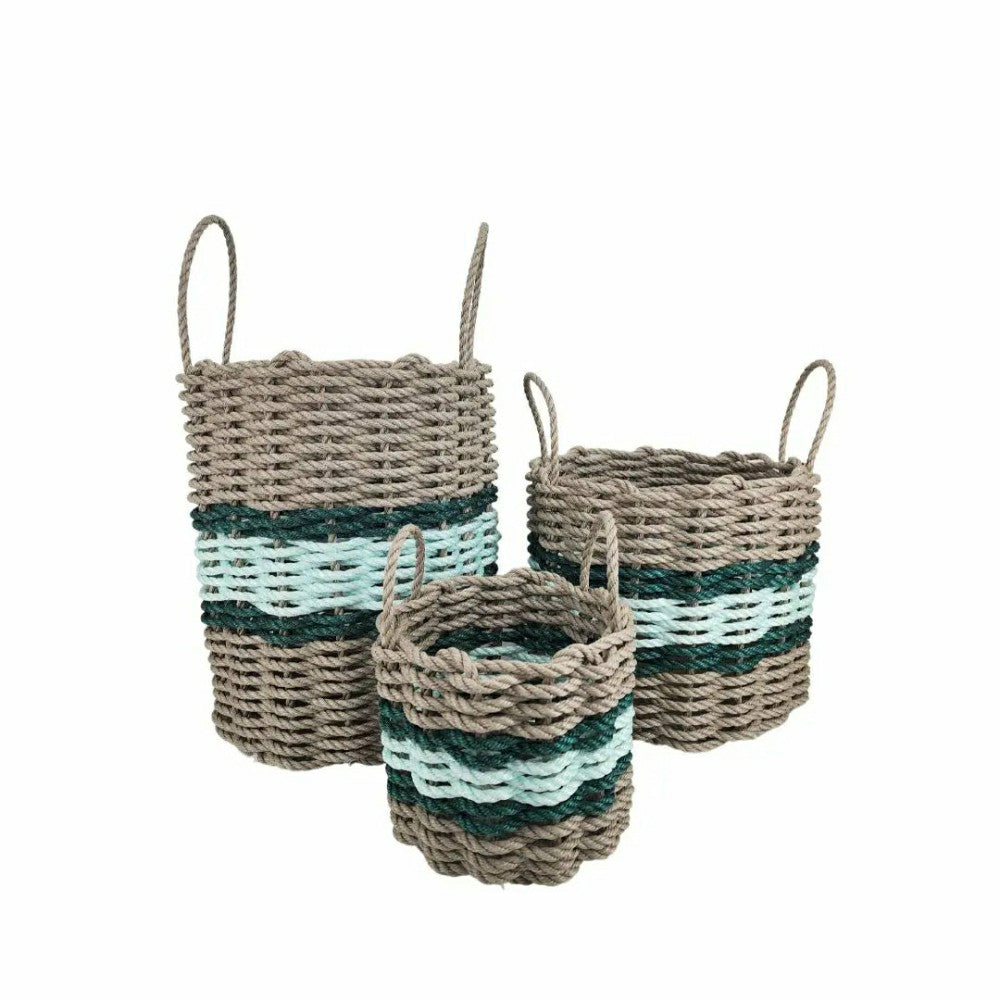 Lobster Rope Basket Tan and Seafoam, Hunter Green Accents